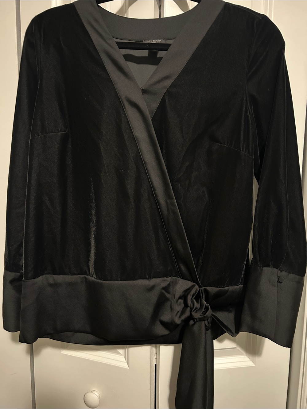 Ann Taylor Black Satin-Trim Wrap Blazer with Side Tie
